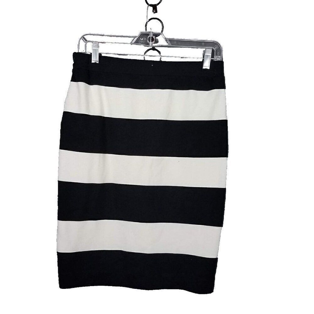 Elle Small Women's Knit Pencil Pull On Skirt Black White Stripe Stretch Career S